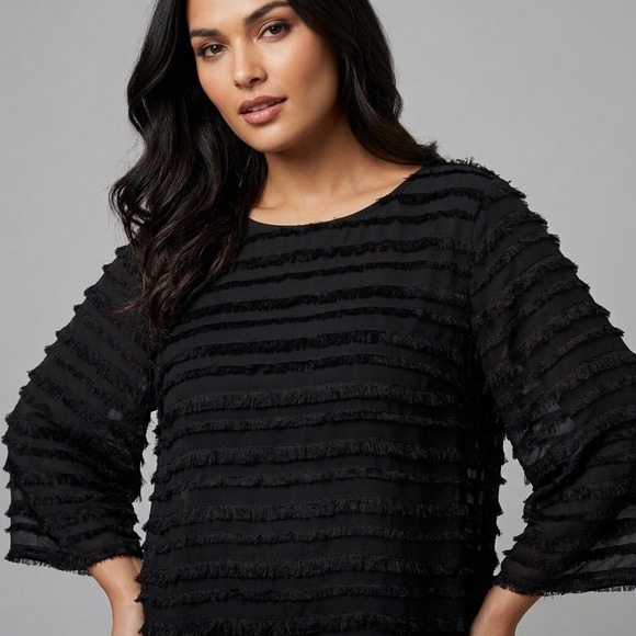 Alfani Tops - Whimsigoth Party Alfani Black Tiered Fringe Eyelash Chiffon Blouse Top Size XL